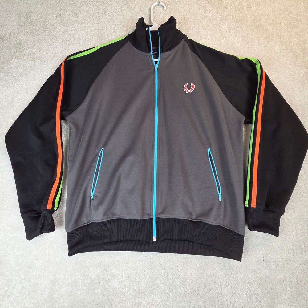 Fred Perry Mens L Track Jacket Grey Black Neon Stripe Full Zip Y2K